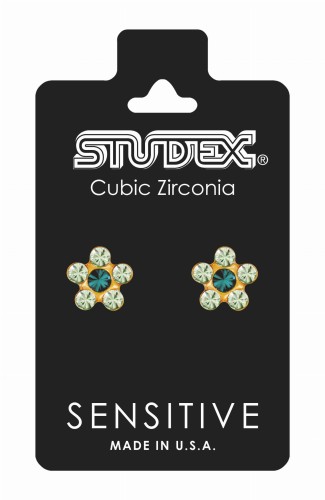 Studex Sensitive Kolczyki hipoalergiczne złote Stokrotka z emeraldem i peridotami 5 mm S6085STX