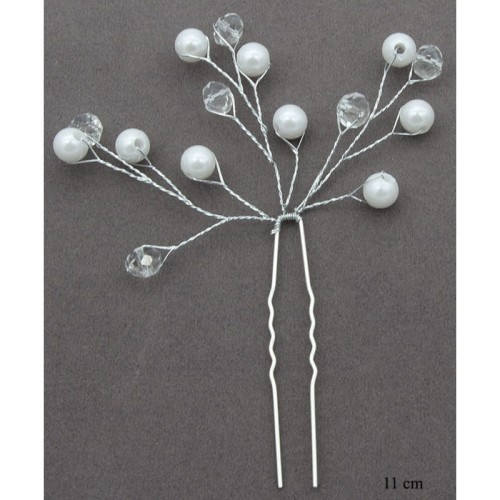 Szpilka kokówka ozdobna srebrna do włosów z kryształkami i perłą